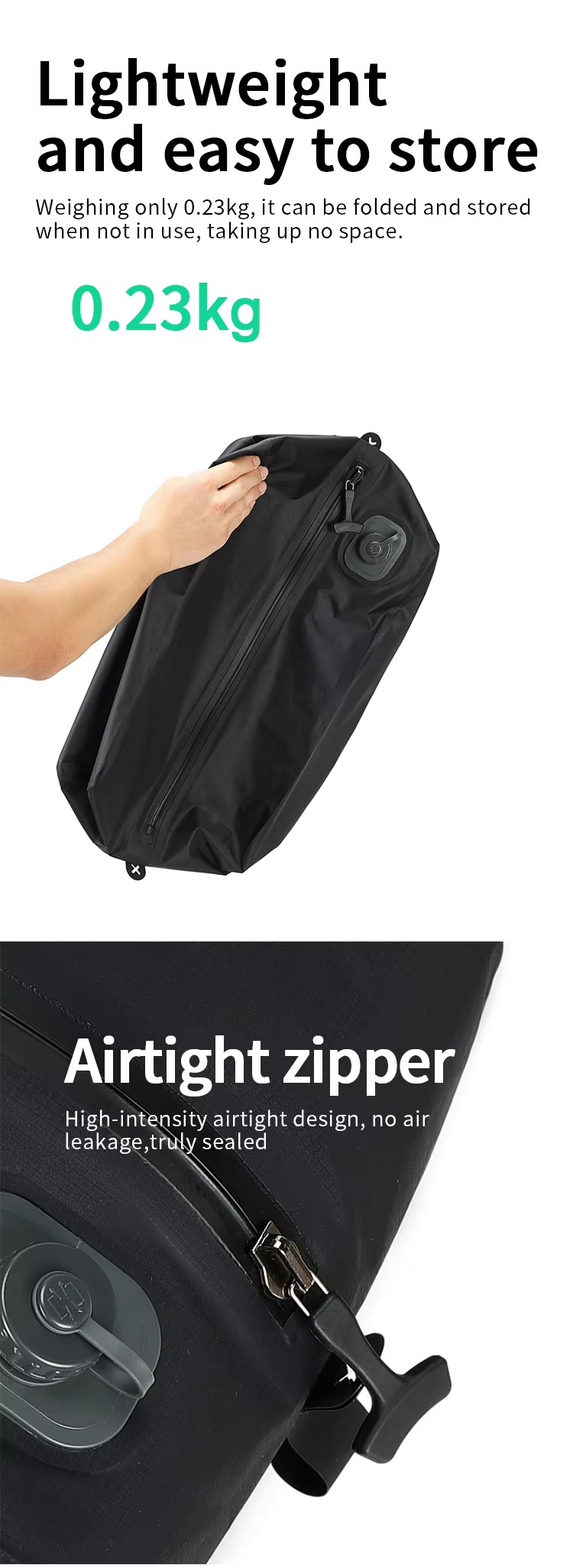 lightweight foldable bag held in hand with airtight zipper close-up