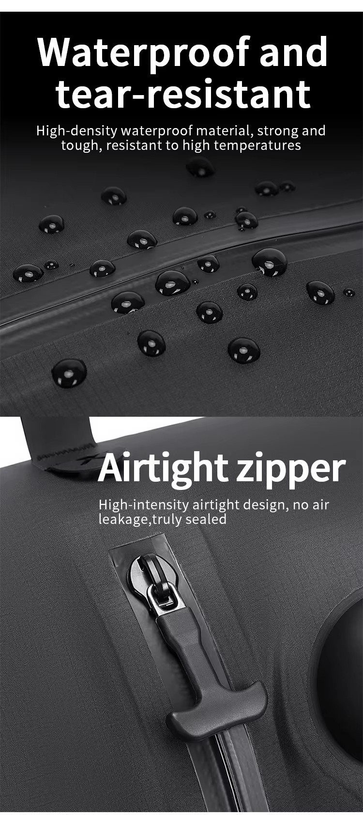 waterproof tear-resistant fabric with beaded water droplets and airtight zipper close-up