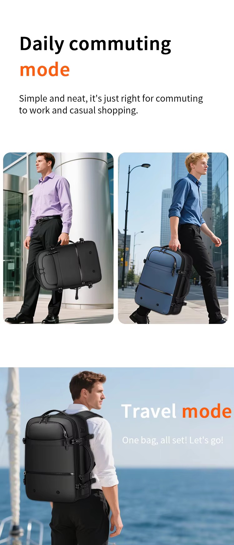 daily commuting and travel mode worn in black and blue colorways