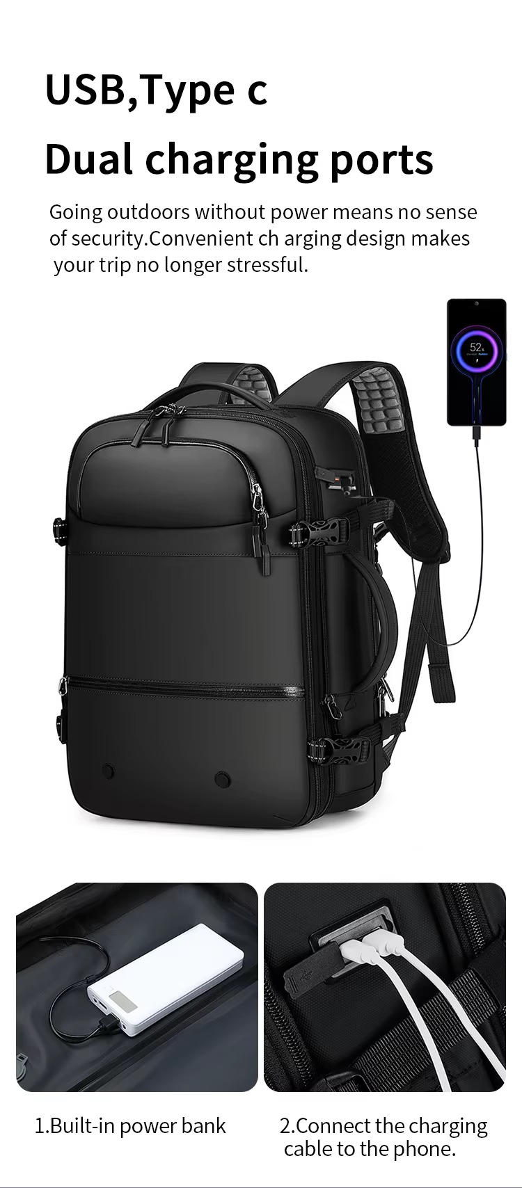 USB and Type-C dual charging ports with built-in power bank