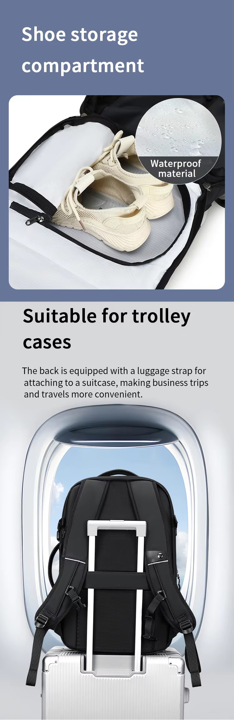 waterproof shoe storage compartment and trolley strap fitted to suitcase