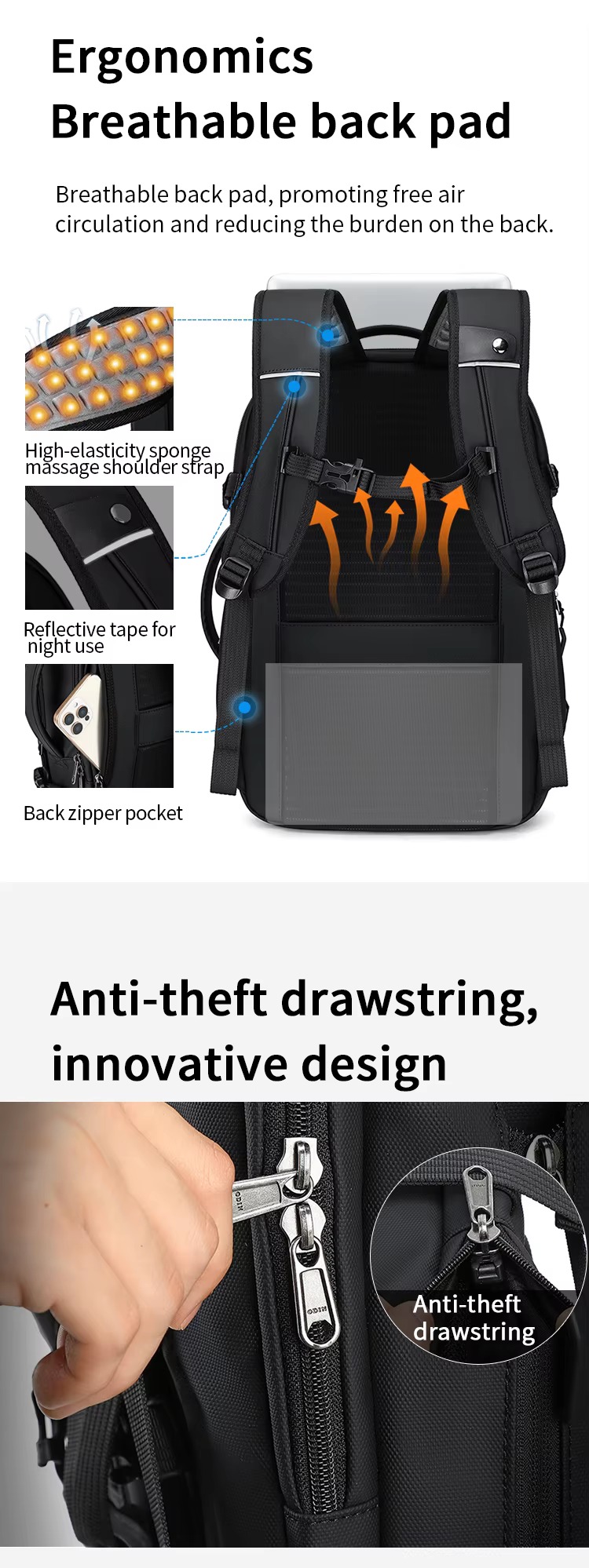 breathable back pad with massage shoulder strap reflective tape and back zipper pocket