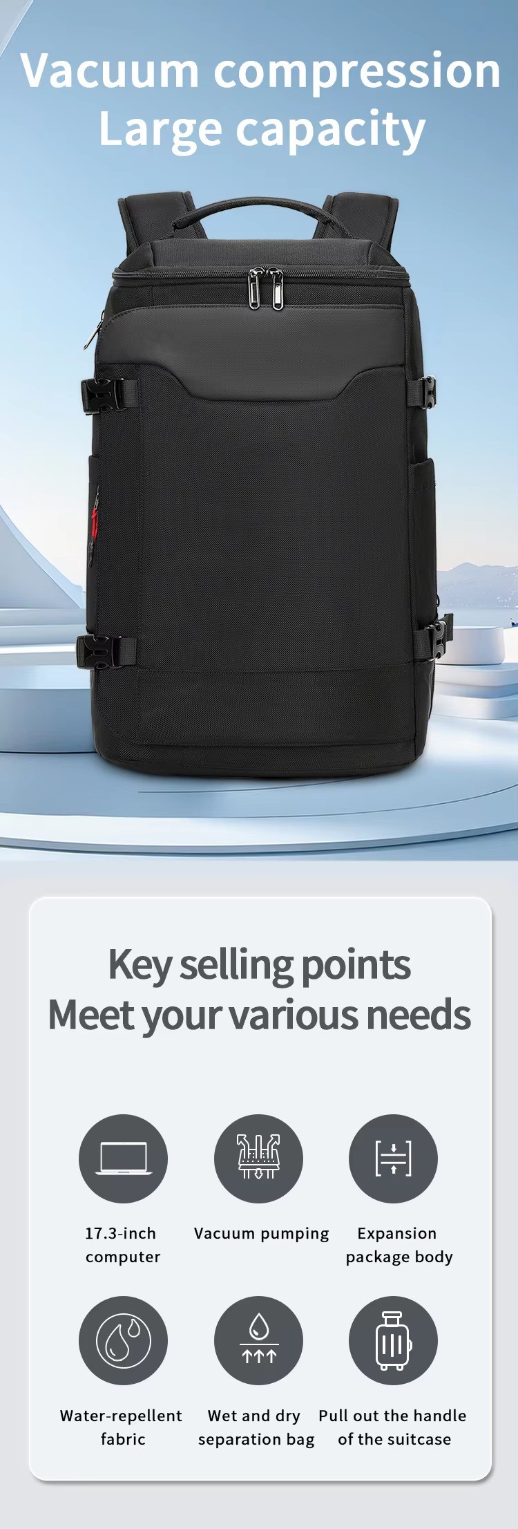 vacuum compression large capacity backpack front view with key selling point icons