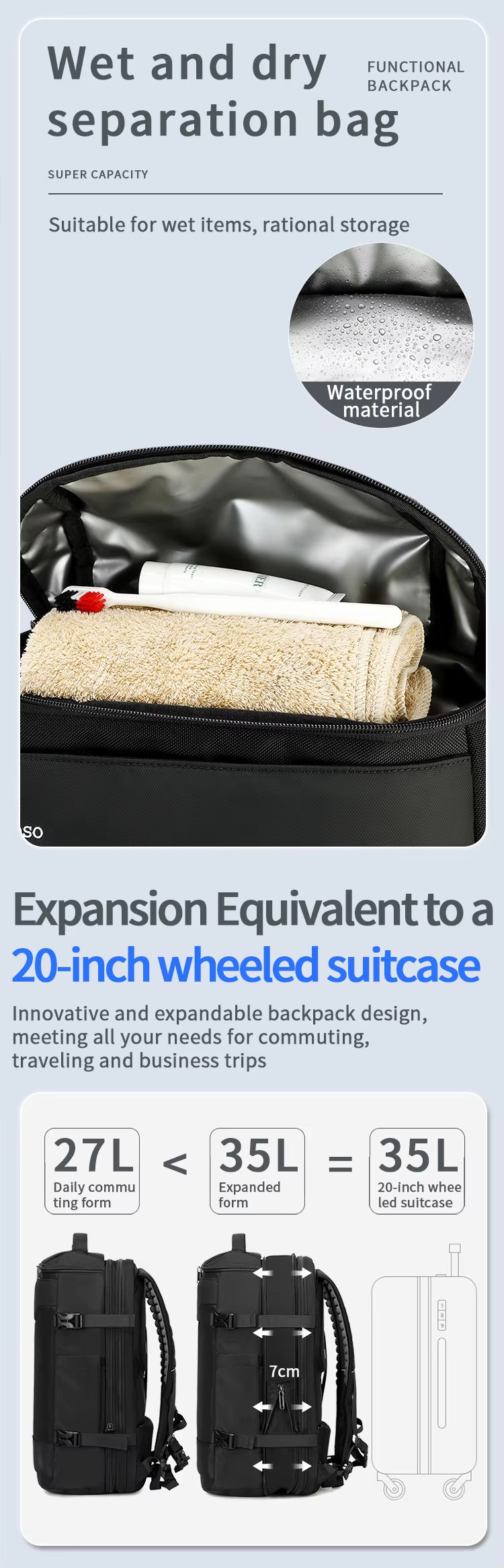 waterproof wet and dry separation bag holding toiletries