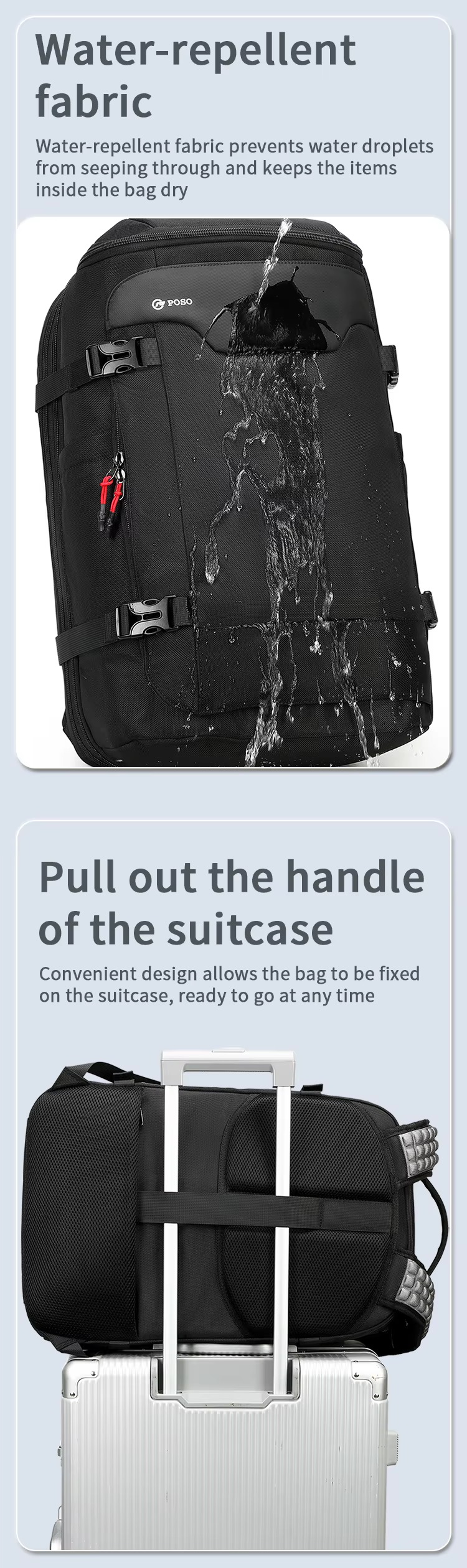 water-repellent fabric test and pull-out trolley handle attachment