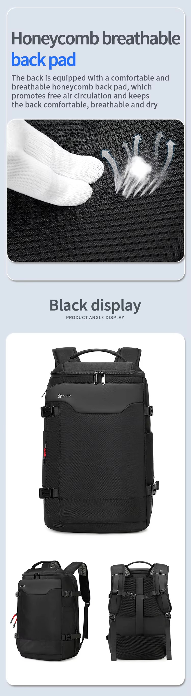 honeycomb breathable back pad and black colorway angle views