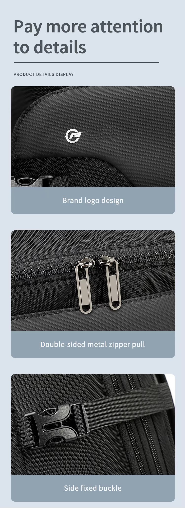 brand logo double-sided metal zipper pull and side fixed buckle close-ups