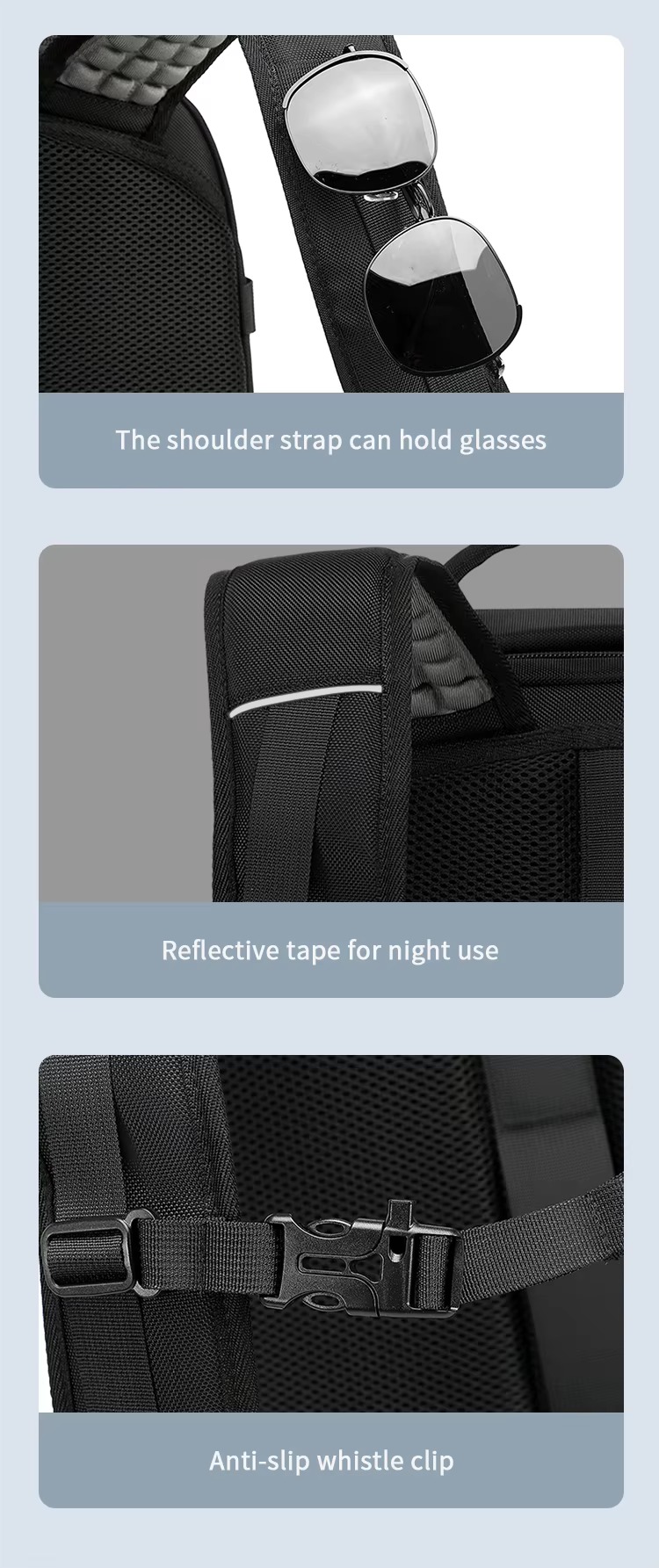 shoulder strap glasses holder reflective tape and anti-slip whistle clip close-ups