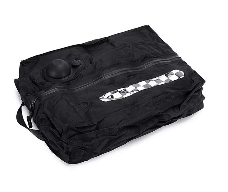 bag shown fully packed and sealed from above with checkered logo patch