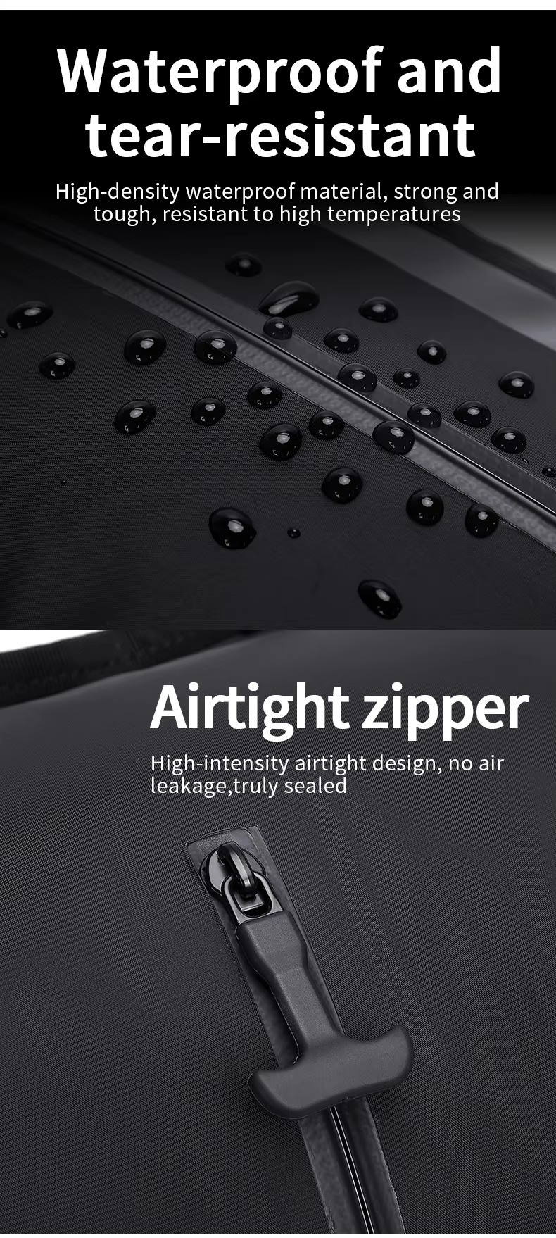 waterproof tear-resistant fabric with beaded water droplets and airtight zipper close-up