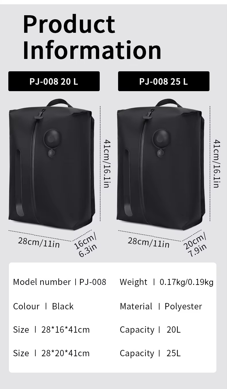 product information PJ-008 20L and 25L size weight material and color chart