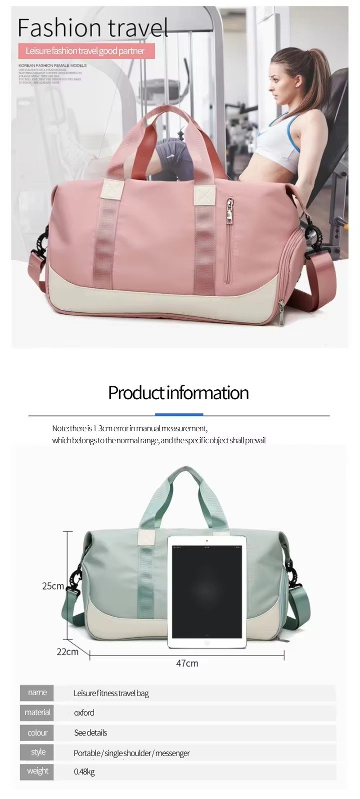 Weekend Tote Duffle Bag with Shoe Compartment Sports Fitness Yoga Duffle Bag Wet/Dry Separation Travel Luggage Bags detail image