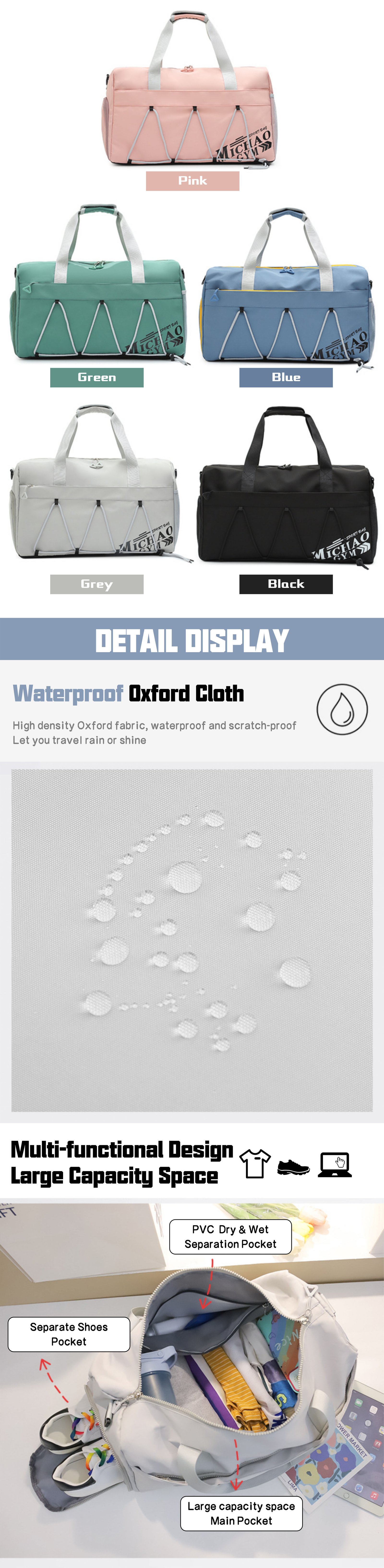 Waterproof Oxford Sports Travel Lightweight Duffel Bag product detail