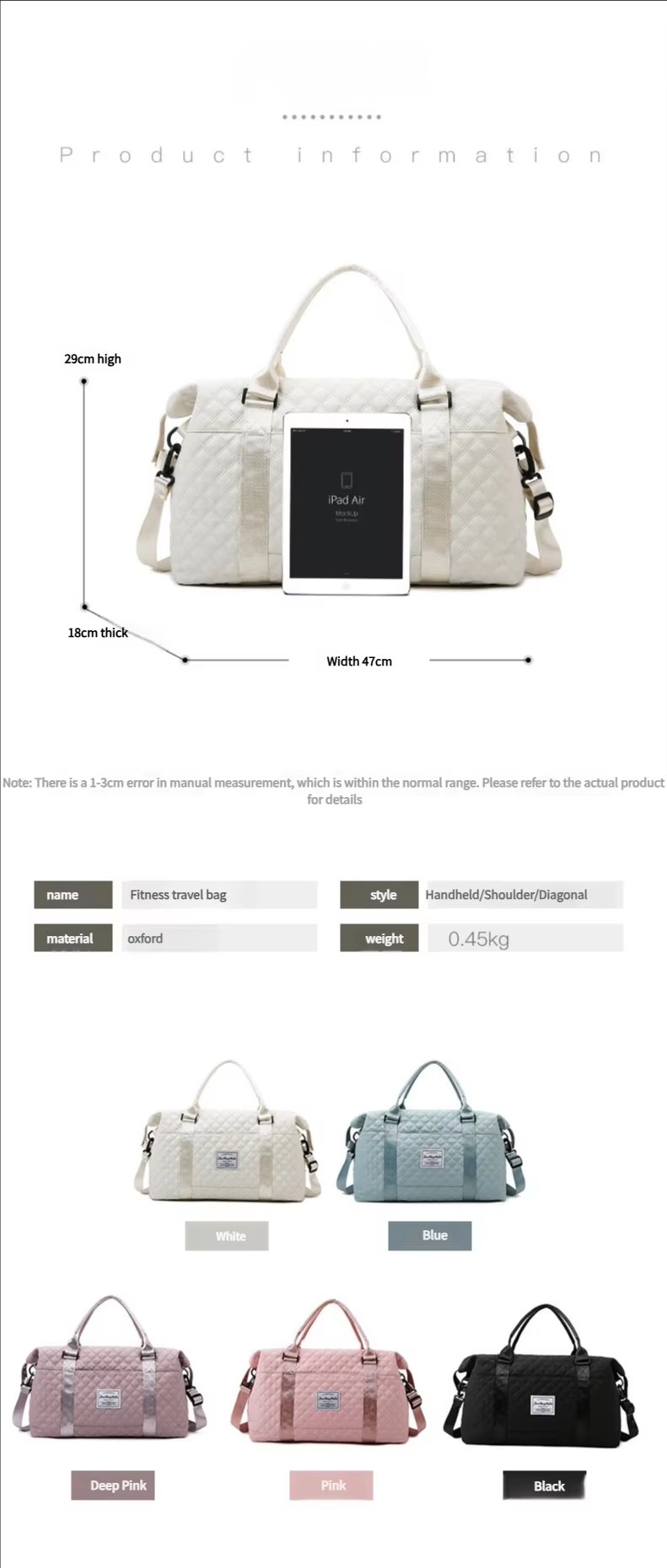 Water-Resistant Dry Wet Separation Oxford Weekend Travel Duffel Bag product detail