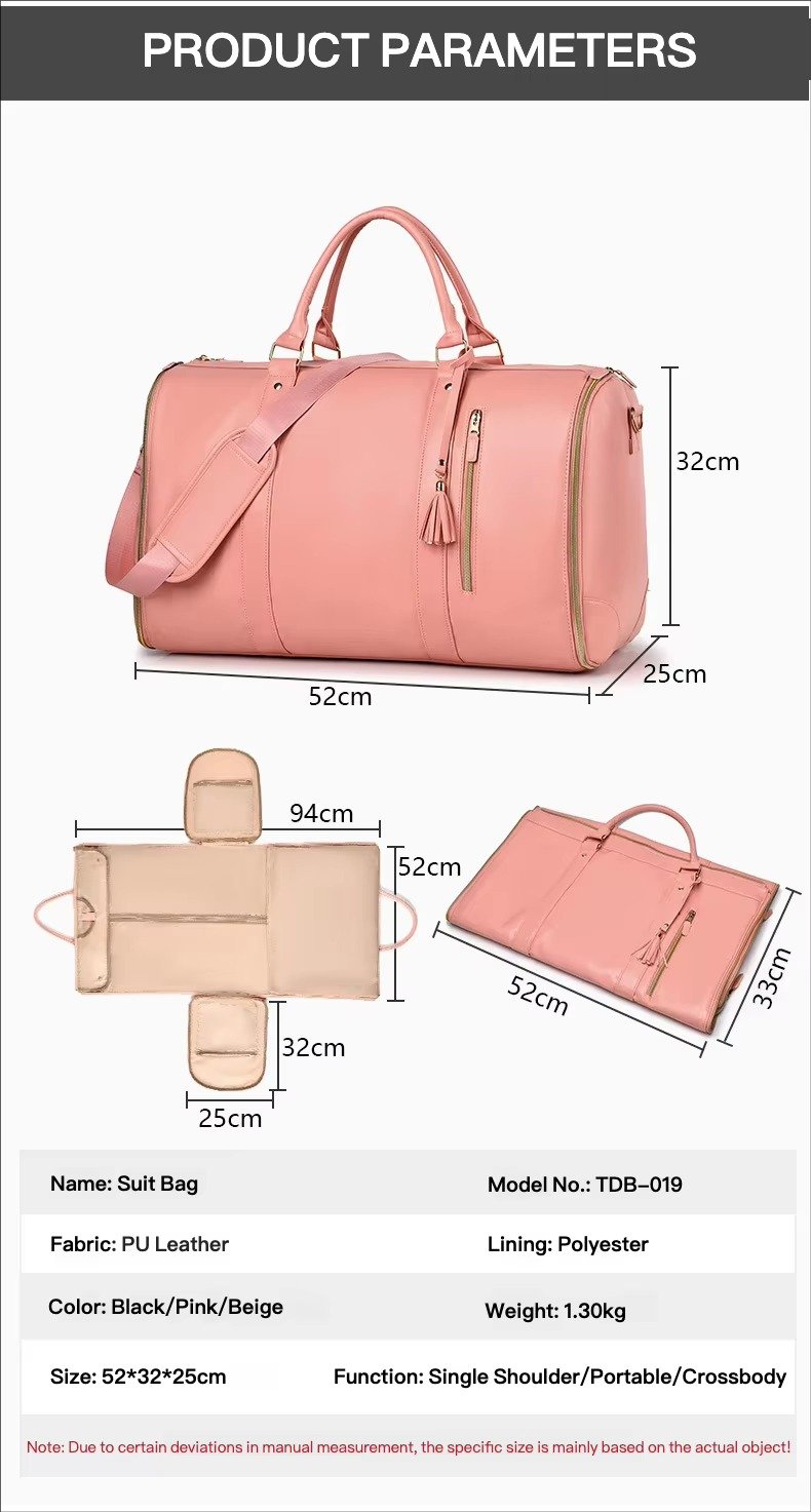 Custom Logo PU Leather Foldable Garment Duffel Bag – Large Capacity Travel Suit Bag with Trolley Sleeve product detail