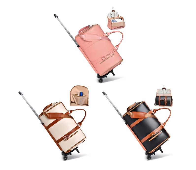 Custom Logo PU Leather Foldable Garment Duffel Bag – Large Capacity Travel Suit Bag with Trolley Sleeve product detail