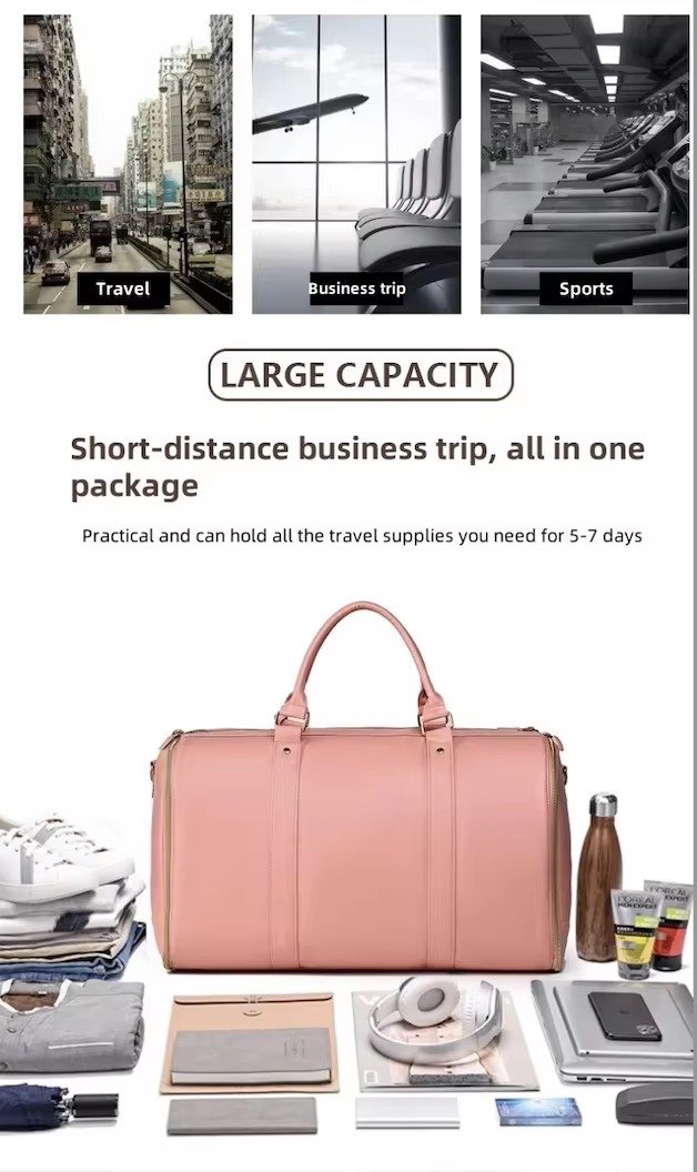 Custom Logo PU Leather Foldable Garment Duffel Bag – Large Capacity Travel Suit Bag with Trolley Sleeve product detail
