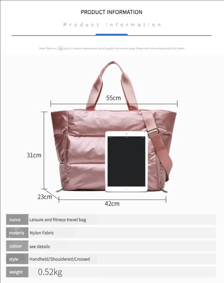Large Capacity Nylon Puffer Gym Fitness Tote Bag Lightweight Travel Duffel Bag Waterproof Shoulder Handbag Yoga Swimming Bag detail image