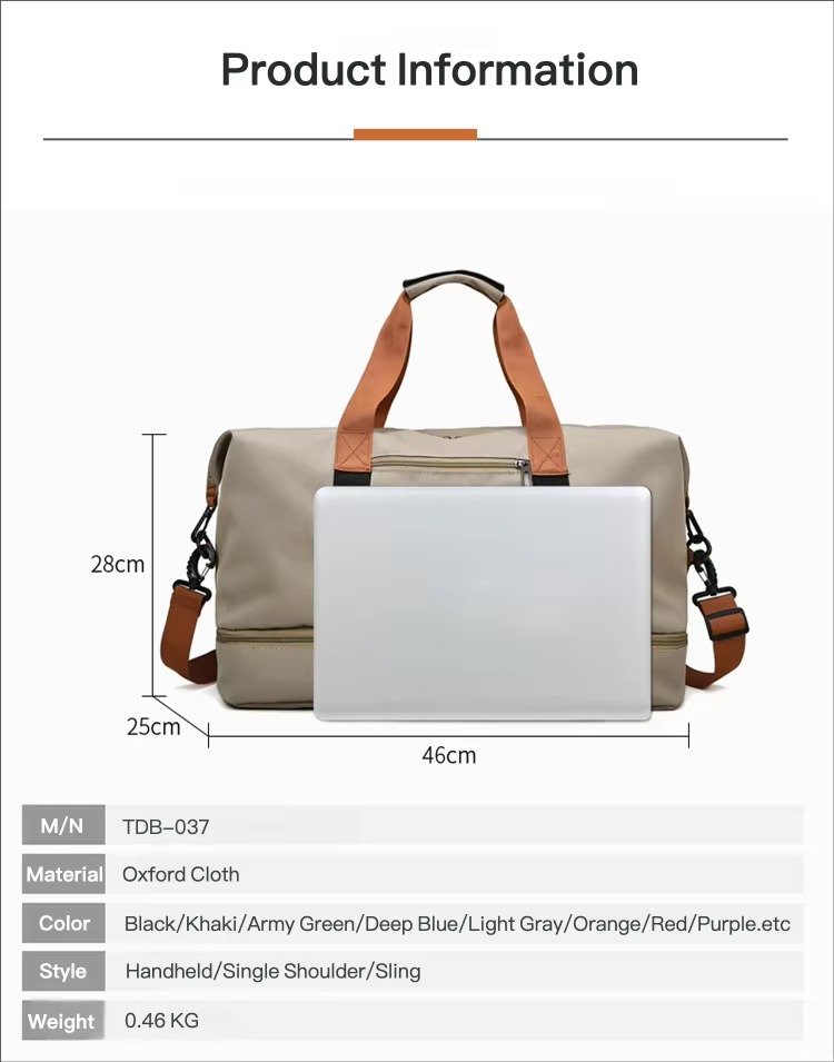 Custom Logo Waterproof Oxford Duffel Bag 30-40L with Shoe Compartment – Unisex Gym & Travel Bag product detail