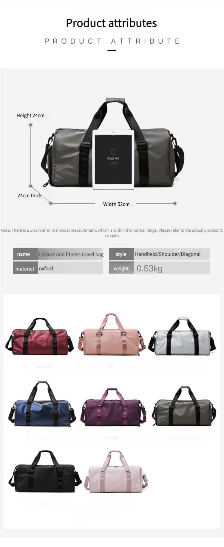 Waterproof Shoe Compartment Oxford Weekend Travel Lightweight Duffel Bag product detail