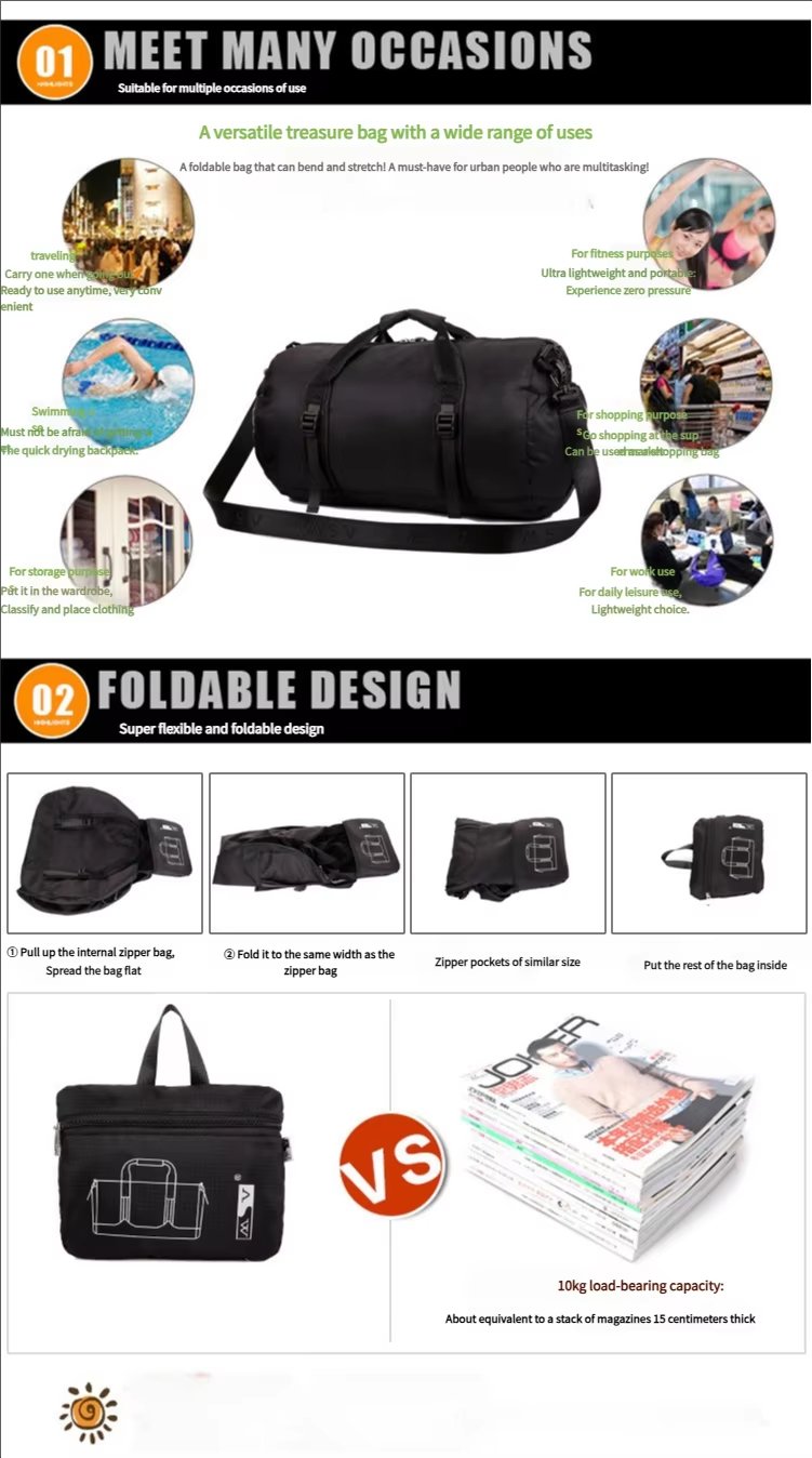 Foldable Nylon Sports Travel Tote Duffel Bag product detail