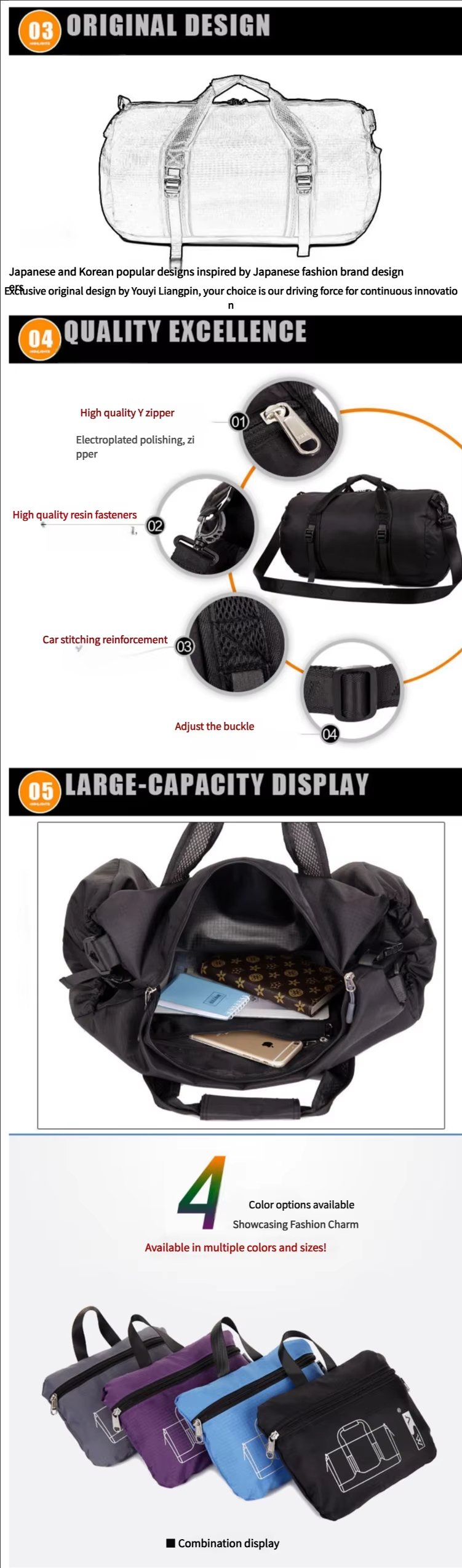 Foldable Nylon Sports Travel Tote Duffel Bag product detail