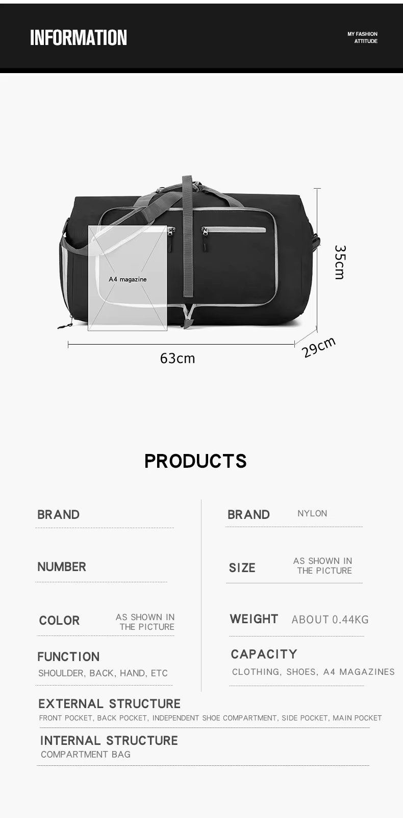 Foldable Nylon Sports Travel Lightweight Duffel Bag product detail