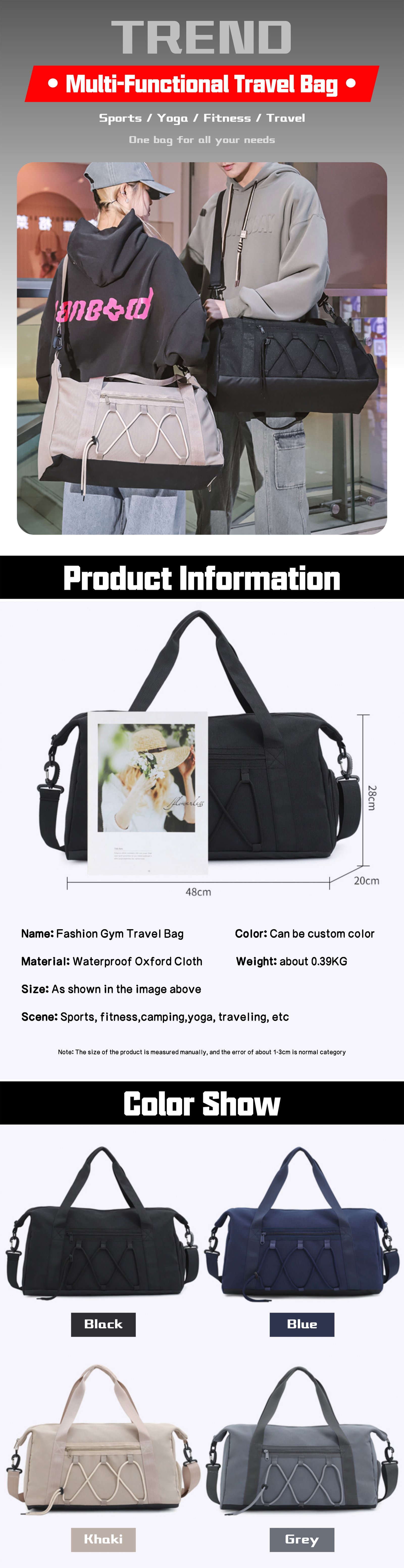 Custom Logo Oxford Crossbody Duffel Bag with Shoe Compartment – Lightweight Fitness Travel Bag product detail
