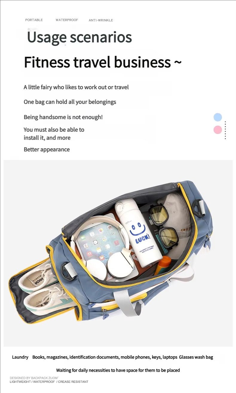 Large Waterproof Weekender Overnight Travel Duffel Bag Handbag Lightweight Yoga Sports Bag with Shoes Compartment detail image