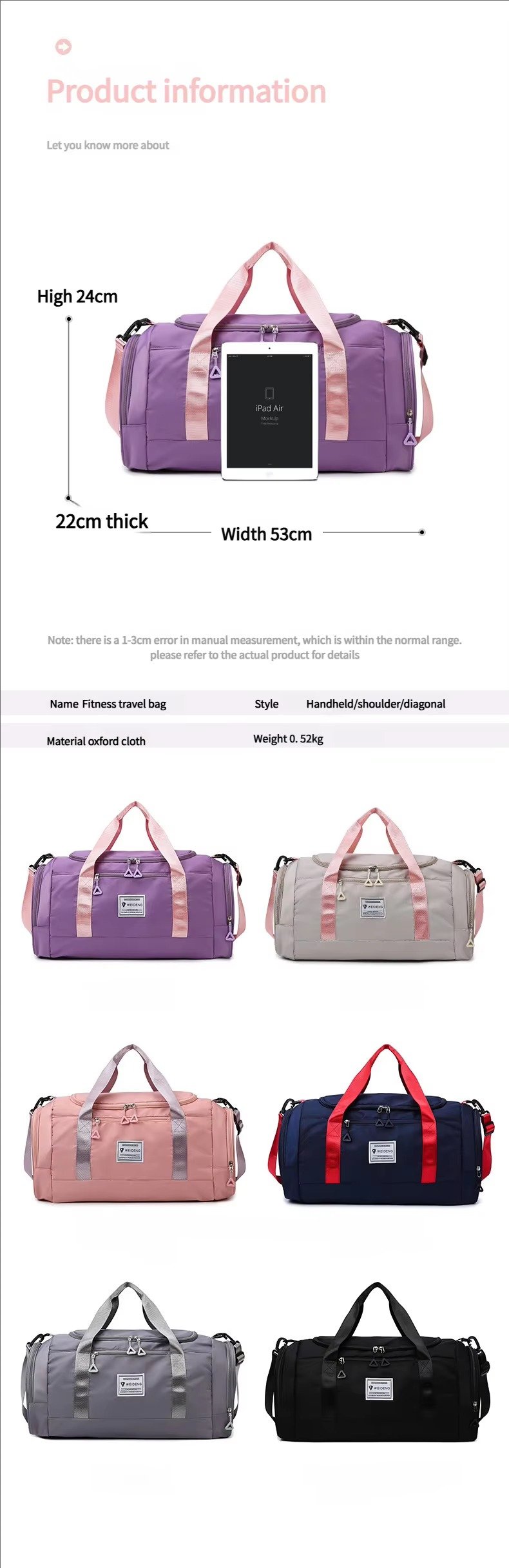 Large Capacity Storage Shoulder Bags Carry On Airplane Gym Fitness Tote Duffle Travel Bag Handbags with Shoes Compartment detail image