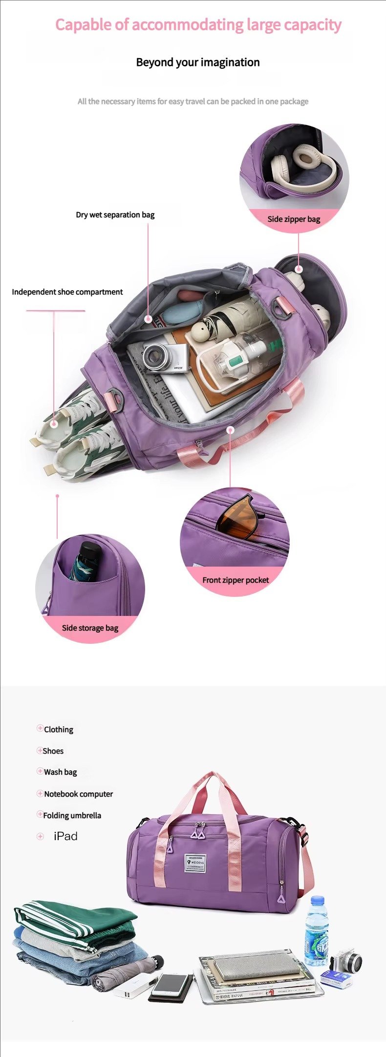 Large Capacity Storage Shoulder Bags Carry On Airplane Gym Fitness Tote Duffle Travel Bag Handbags with Shoes Compartment detail image