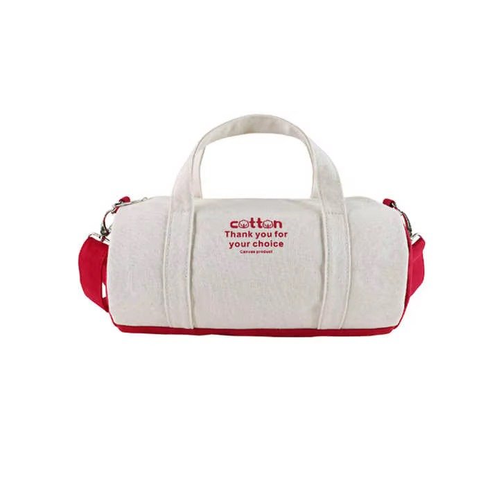 Logo Small Cotton Canvas Outdoor Fitness Sport Gym Duffel Bags Single Shoulder Crossbody Travel Cylindrical Bag detail image