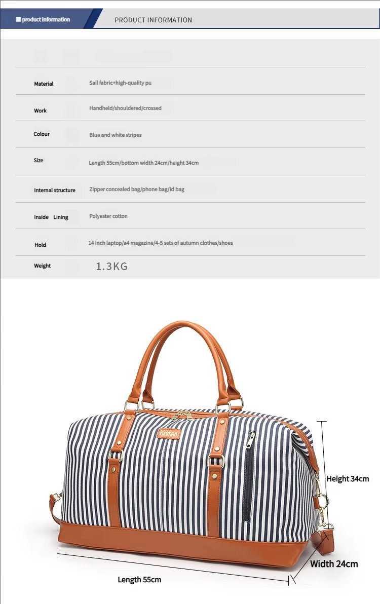 Waterproof Canvas Weekend Travel Striped Duffel Bag product detail
