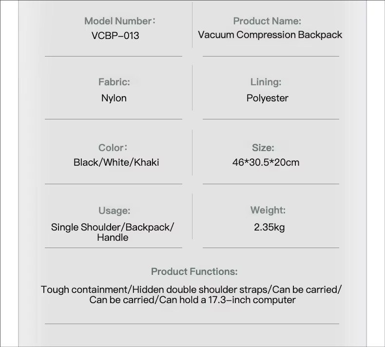 Premium Large Capacity Vacuum Compression Expandable Laptop Backpack with Dry Wet Separation For Business Travel School detail image