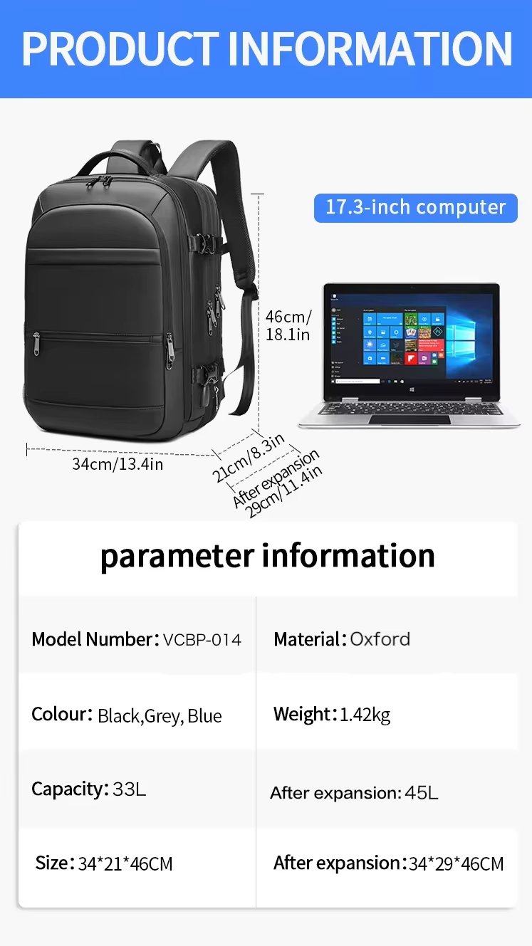 Anti-Theft Water-Resistant Large Capacity Expandable USB Oxford Vacuum Backpack product detail
