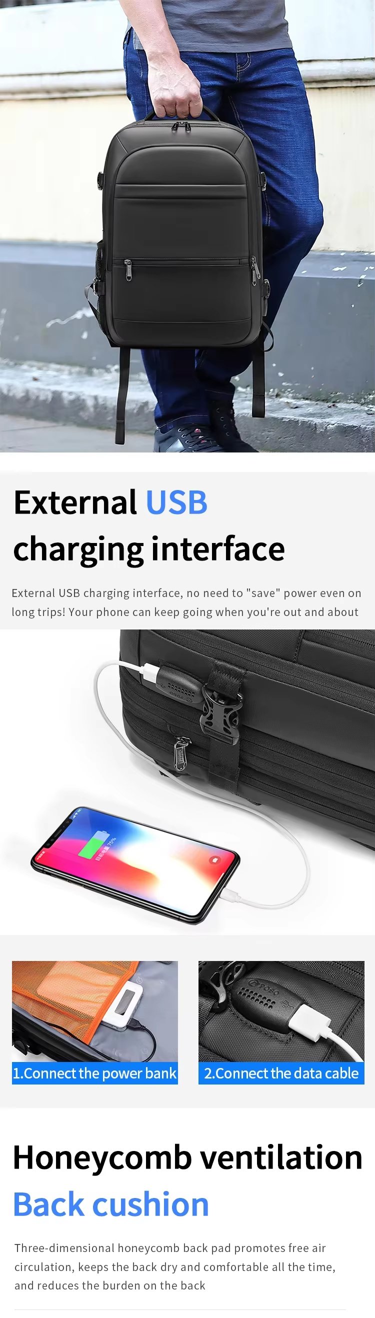 Anti-Theft Water-Resistant Large Capacity Expandable USB Oxford Vacuum Backpack product detail
