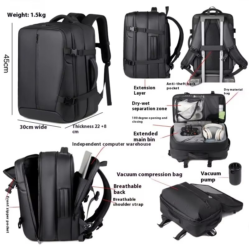 Anti-Theft Large Capacity Expandable Business PU Leather Vacuum Backpack product detail
