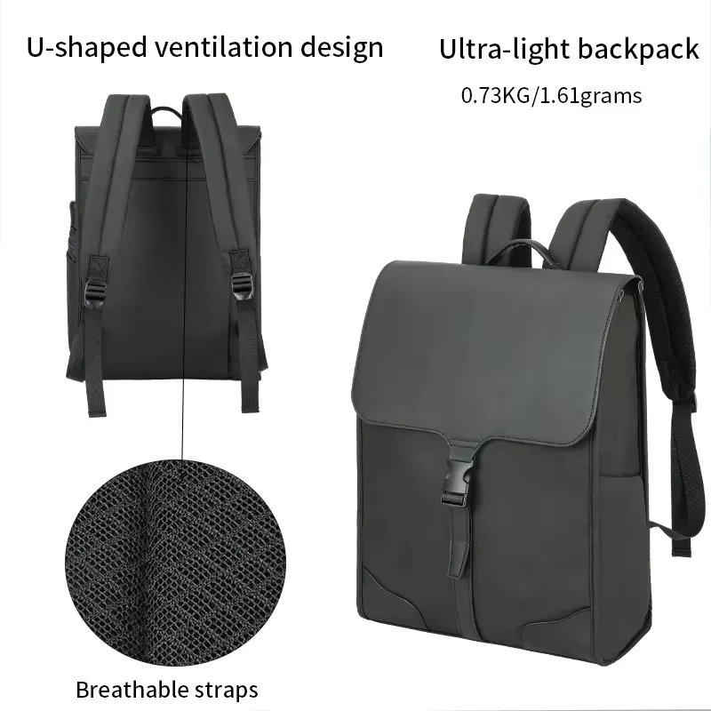 Water-Resistant Lightweight Outdoor Business Travel PU Leather Flap & Roll Top Backpack product detail