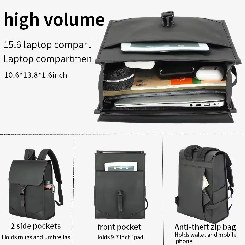 Water-Resistant Lightweight Outdoor Business Travel PU Leather Flap & Roll Top Backpack product detail