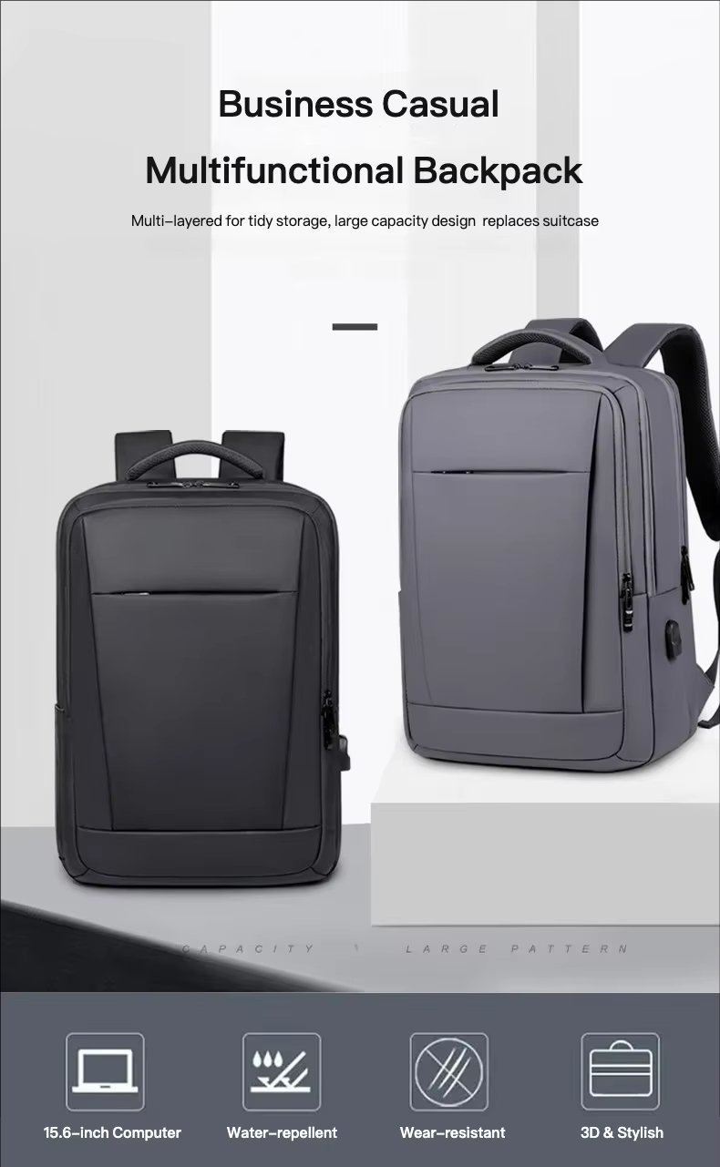 Water-Resistant Large Capacity USB Business Travel PU Leather Laptop Backpack product detail