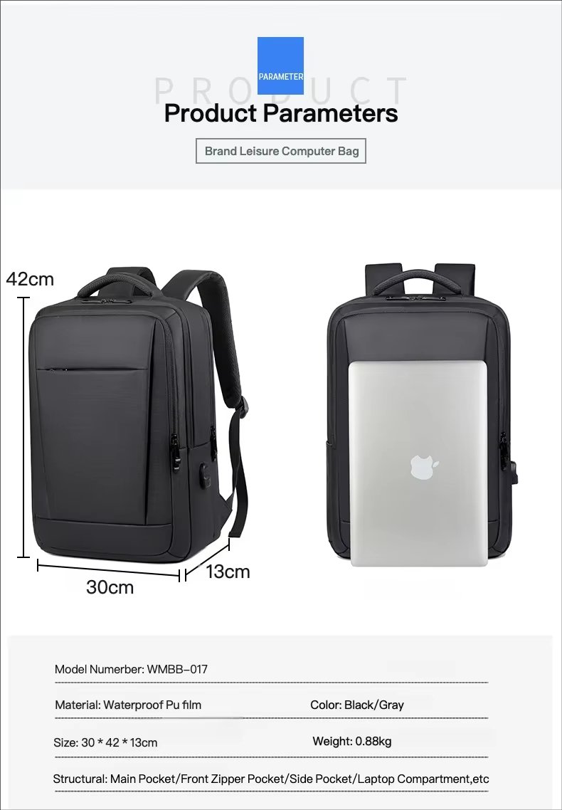 Water-Resistant Large Capacity USB Business Travel PU Leather Laptop Backpack product detail
