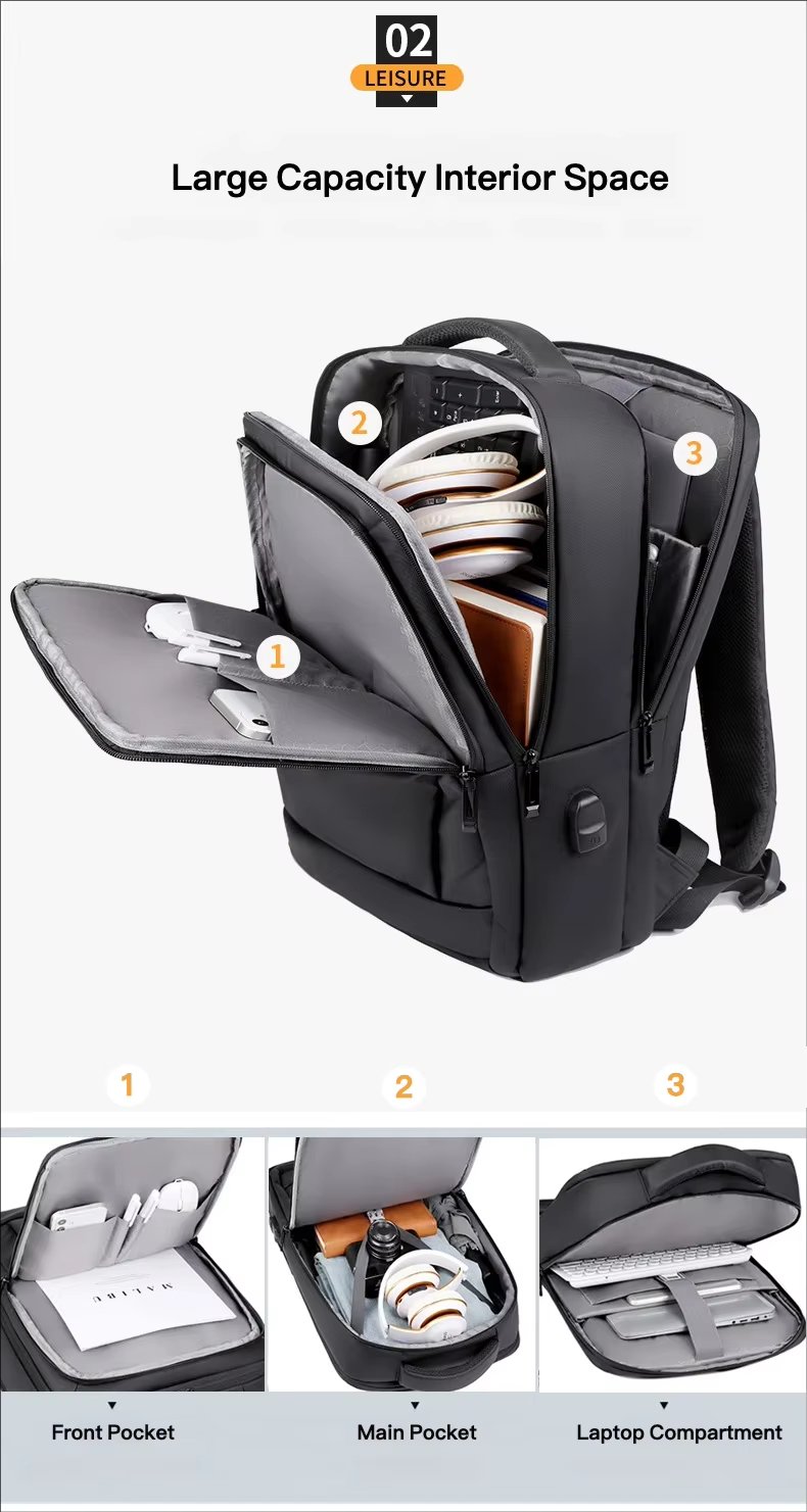 Water-Resistant Large Capacity USB Business Travel PU Leather Laptop Backpack product detail