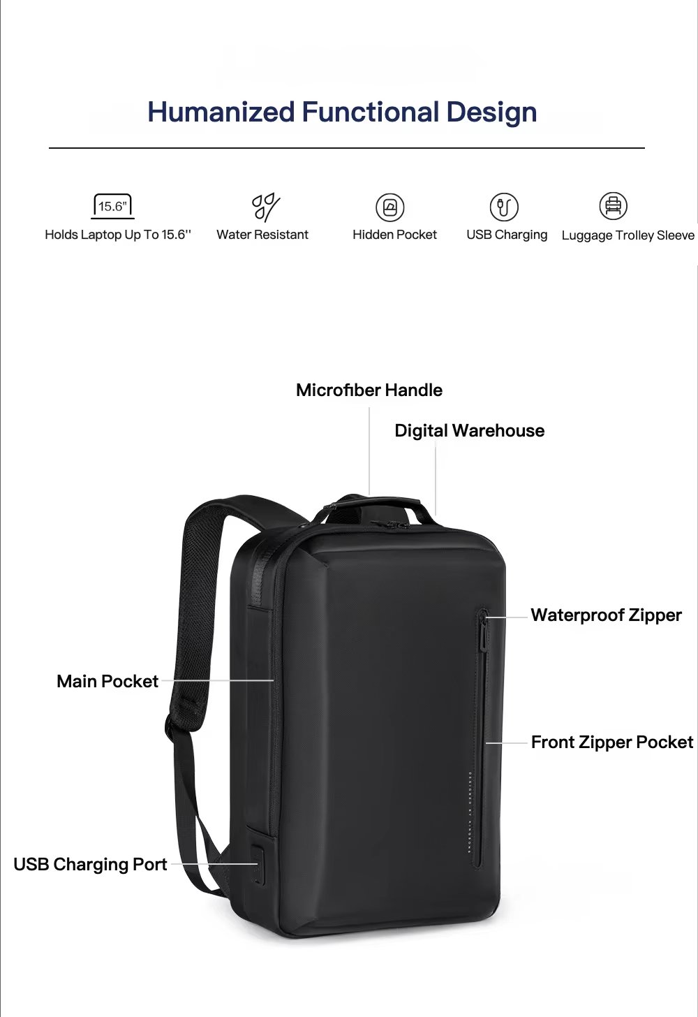 Water-Resistant Large Capacity USB Business Travel Nylon Laptop Backpack product detail
