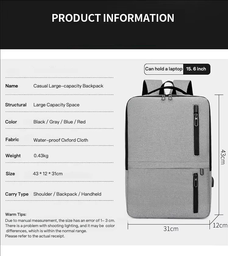 Water-Resistant Large Capacity Lightweight USB Business Oxford Laptop Backpack product detail