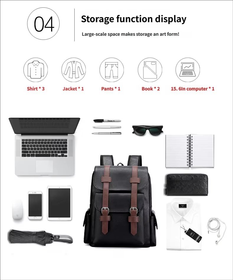 Water-Resistant Modern Business Travel School PU Leather Laptop Backpack product detail