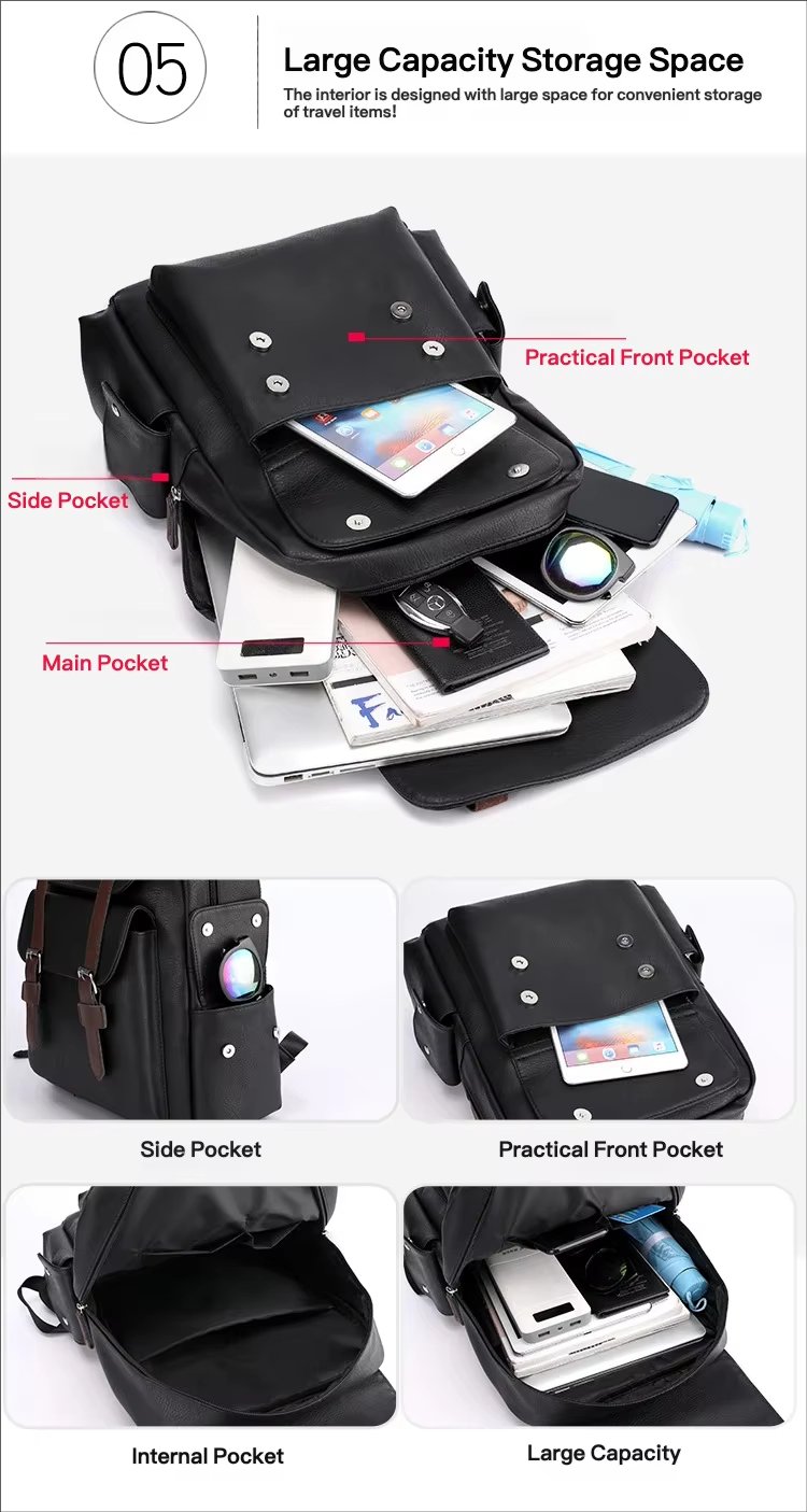 Water-Resistant Modern Business Travel School PU Leather Laptop Backpack product detail