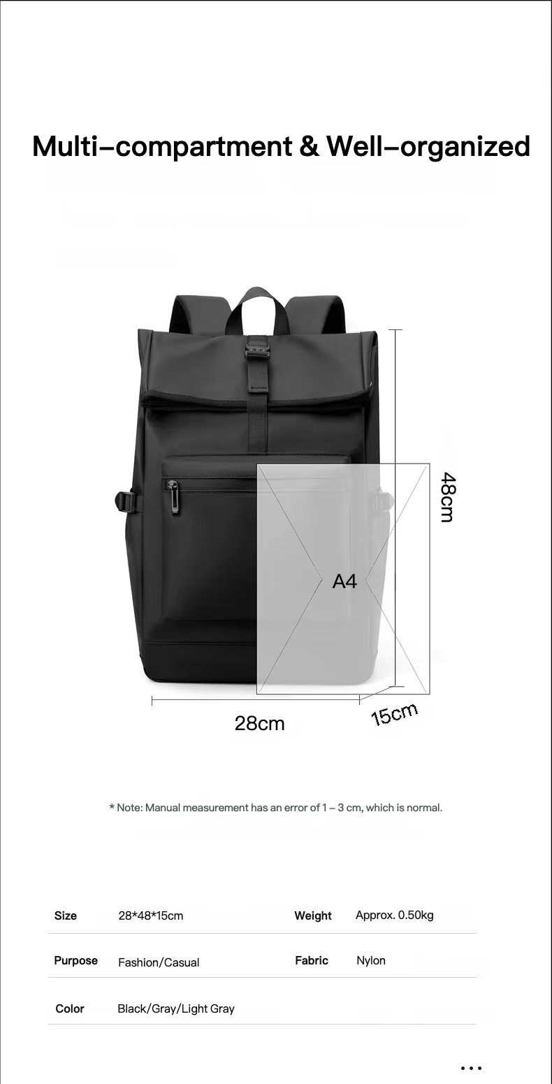 Anti-Theft Water-Resistant Large Capacity Business Travel Nylon Roll Top Backpack product detail