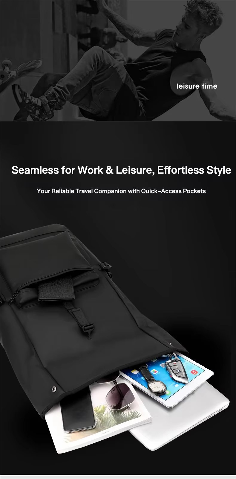 Anti-Theft Water-Resistant Large Capacity Business Travel Nylon Roll Top Backpack product detail