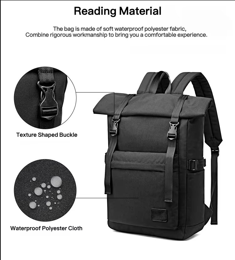 Water-Resistant Modern Outdoor Travel School Leather Roll Top Backpack product detail