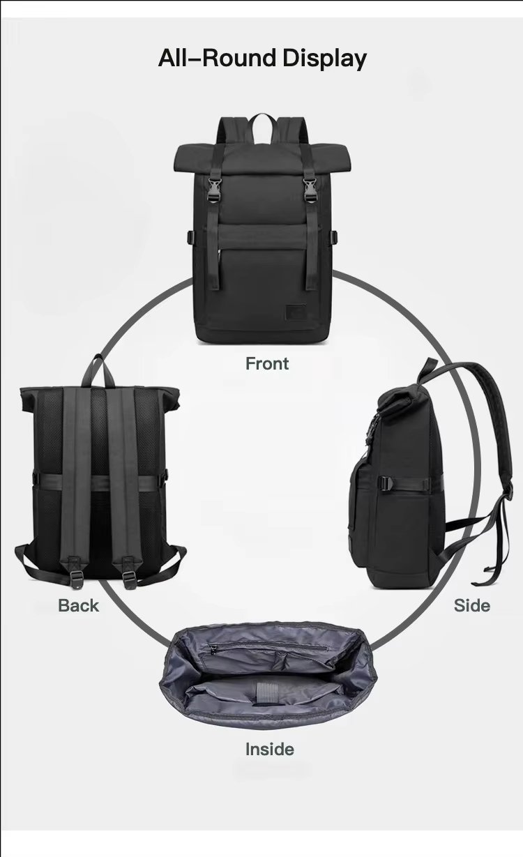 Water-Resistant Modern Outdoor Travel School Leather Roll Top Backpack product detail
